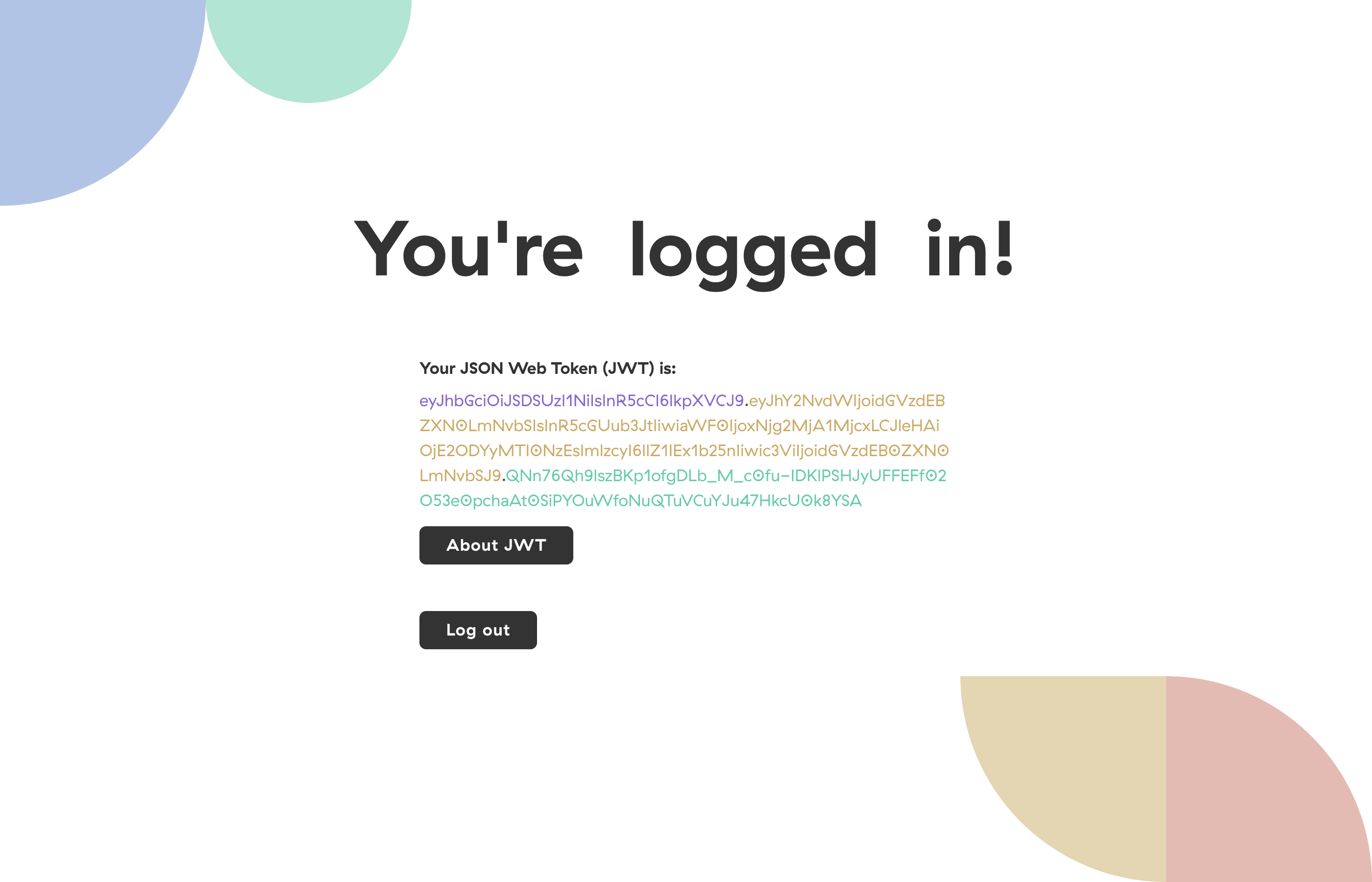 Main page in Sign displaying the JSON Web Token used for login
